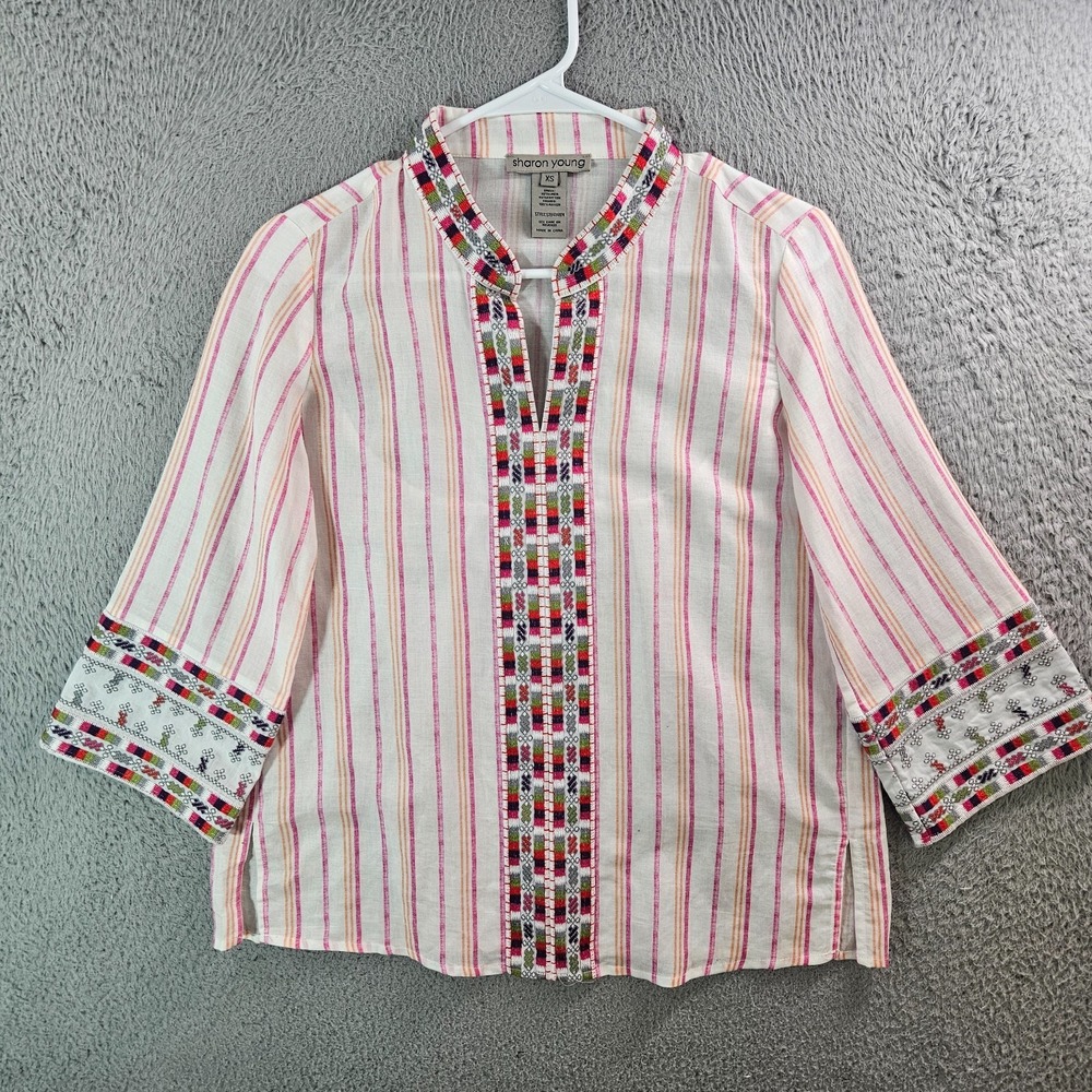 Sharon Young Linen‎ Blend Top Blouse Women XS Embroidered Trim White Striped